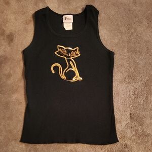 Zara Black Tank Top with Gold Cat Design